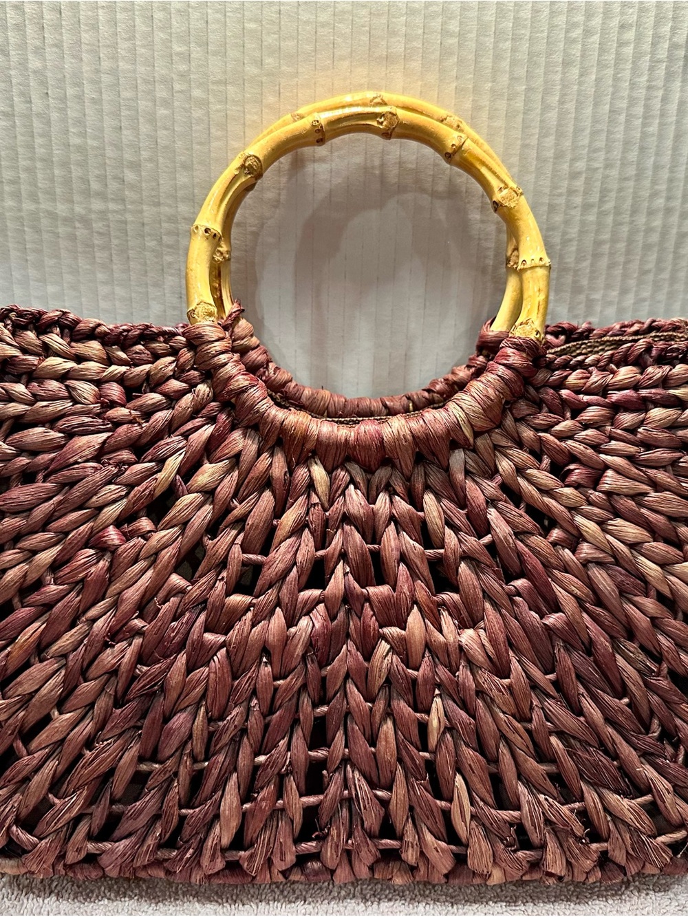Vintage Woven Straw Tote Bag with Bamboo Handles - Brown white stag 11x12